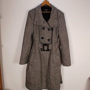 Le Chateau Women’s Tweed Coat Size L Black White Belted Double Breasted Long 39”
